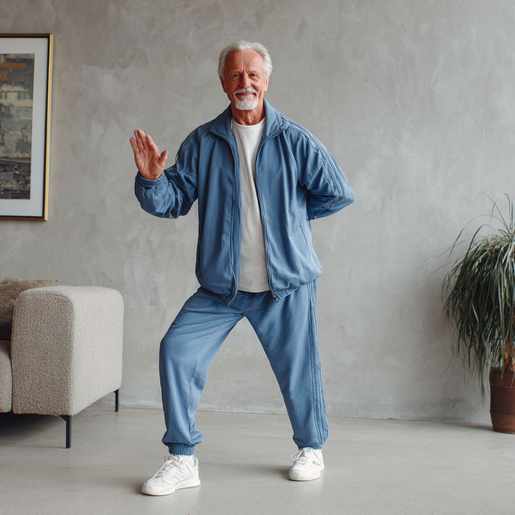 Група людей європейської зовнішності різного віку (від 30 до 60 років) з щирими посмішками, одягнених в комфортний спортивний одяг, разом виконують групові вправи для суглобів у світлому приміщенні